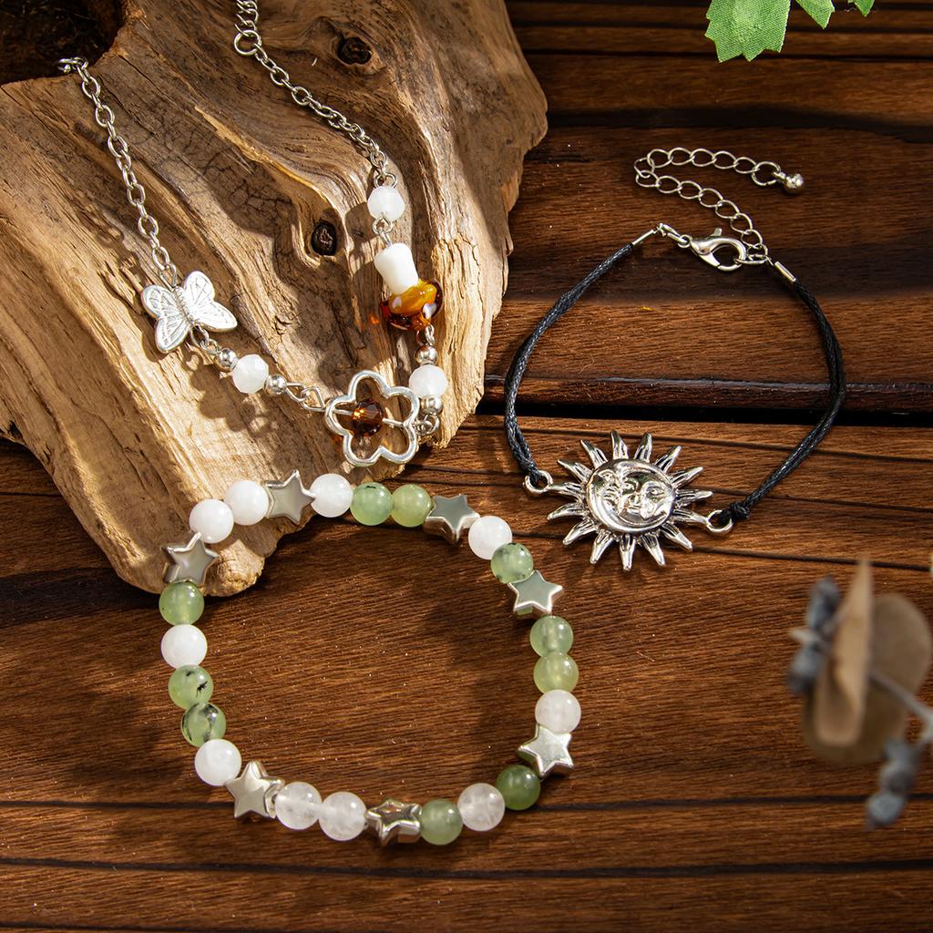 Boho Bransoletka z Kamiennych Koralików Słońce dla Kobiet Biżuteria Wakacyjna Prezent Spiralny Design Motyl Wielowarstwowa Zawieszka Gwiazda Etniczny Styl Bransoletka Tkana Bransoletka