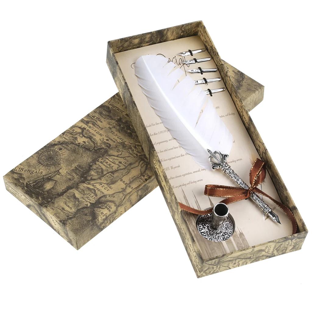 Fashion Quill Feather-Dip Pen,Metal Nibs Calligraphy Writing Pen,Vintage Signatures Fountain Pen Dip Pen Gift Set