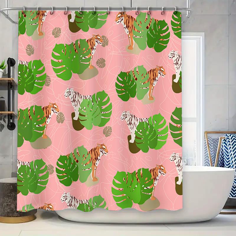 

Animal Print Shower Curtain Tiger Pattern Bath Decoration Pink Green Monstera Leaves Home Decor W60H190(CM)-1 Pcs