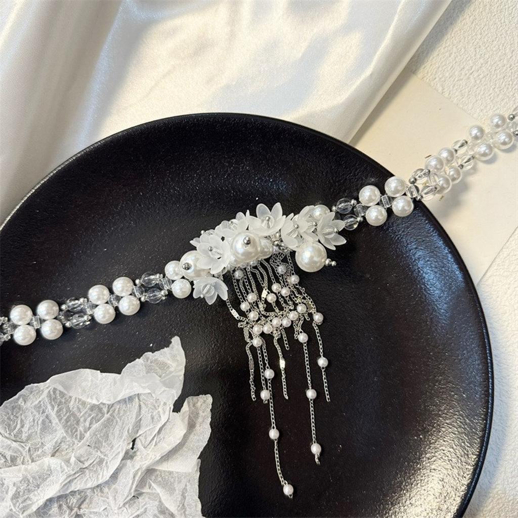 Fashionable Pearl Bead Neckchain Flower Pendant Fringe Collarbone Necklace Adjustable Choker Stylish Accessory for Women