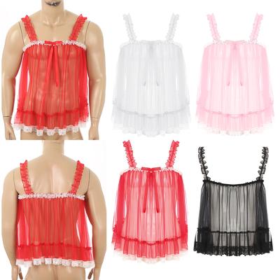 Womens Sheer Mesh Ruffle Strap Camisole Bow Lace Trim Nightwear Tops