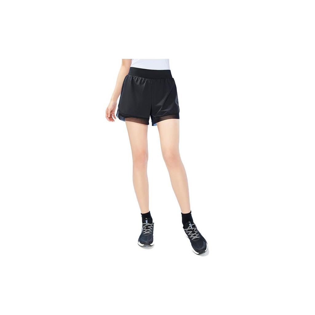 Anta Training Series Solid Color Logo Mid Waist Straight Leg Woven Fake Two Piece Fitness Shorts Women Shorts Basic-Black 962327502-2