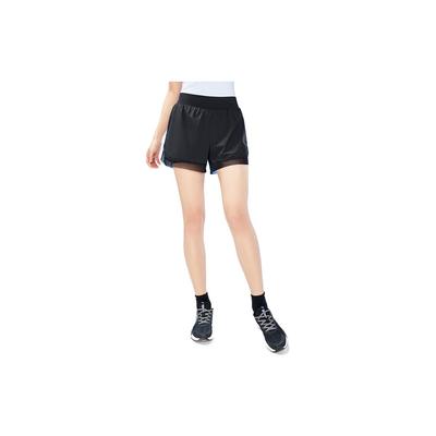 Training Series Solid Color Logo Mid Waist Straight Leg Woven Fake Two Piece Fitness Shorts Women Shorts Basic-Black 962327502-2