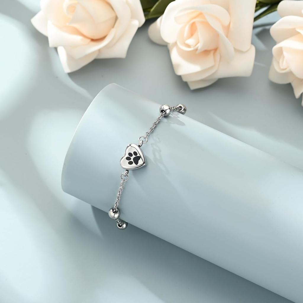Shajwo Urn Bracelet for Ashes for Women Men Dog Cat Paw Print Pet Cremation Jewelry Adjustable Memorial Keepsake Link Bracelet