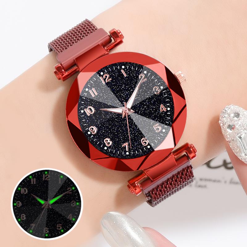 Fashion Starry Sky Watches Women Luminous Hands Black Mesh Band Quartz Wristwatches Ladies Magnet Watches Relogio Feminino