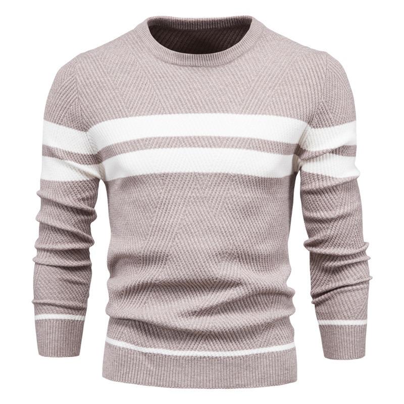 Autumn and Winter Casual Striped Men s Trendy Sweater Pullover Color Block Crew Neck Sweater S бежевый