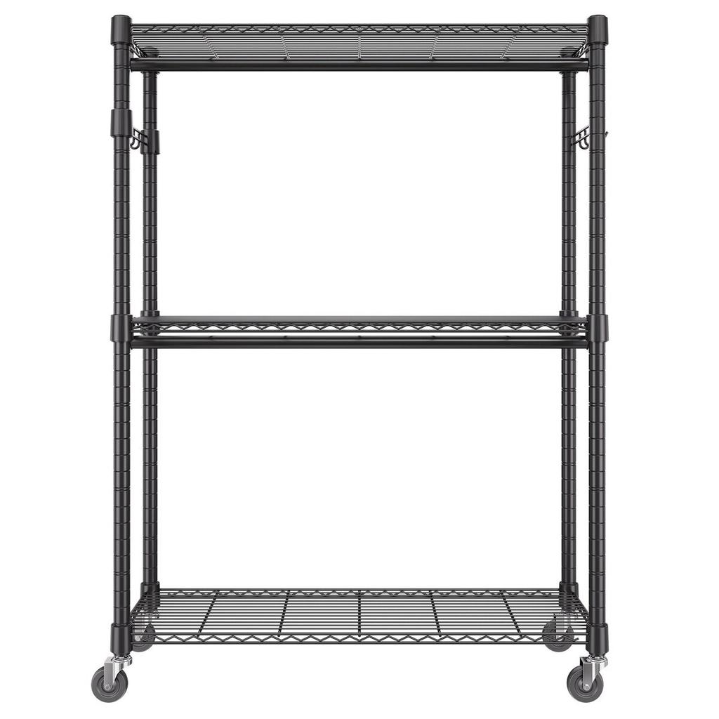 Heavy Duty Clothes Rack, Rolling Clothing Garment Rack with 3 Storage Tiers, 2 Rods and 2 Pairs Side Hooks, Adjustable Height Clothing Rack Closet for