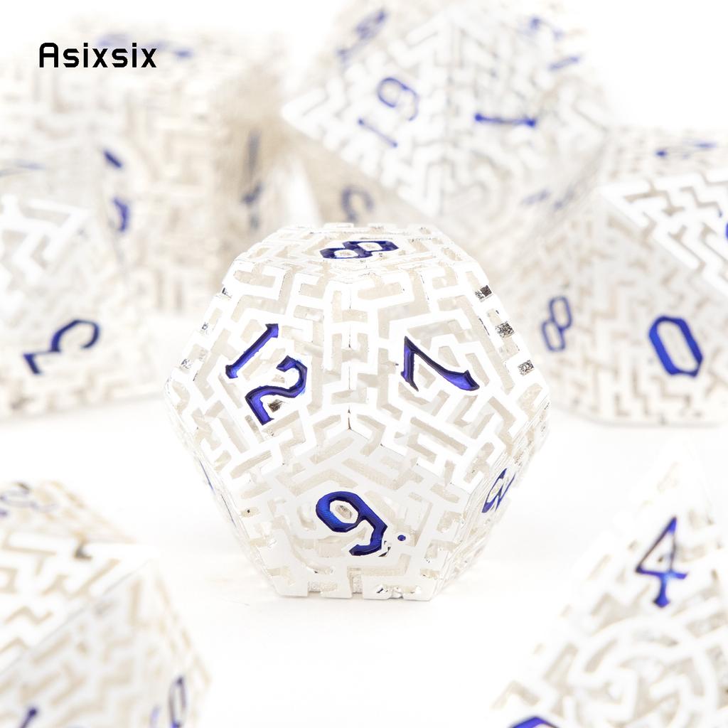7 Pcs  White Blue Metal Dice Maze Hollow Metal Polyhedral Dice Set Suitable for Role-Playing RPG  Board Game Card Game