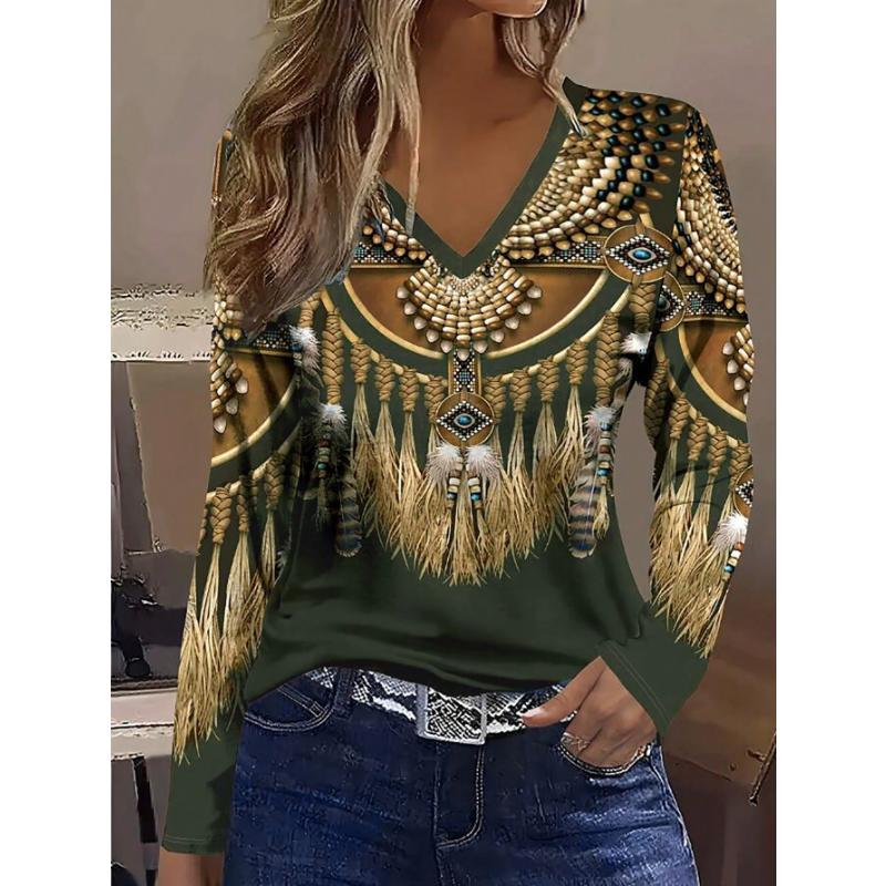 Damen 3D Retro Floral Print V-Ausschnitt Langarmshirt Schlankmachender Polyesterstoff Frühling und Herbst Lässiger Stil Oberteil