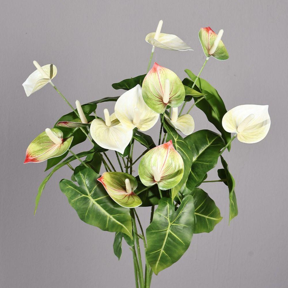 NEW Multicolor Artificial Anthurium Green Leaves 2 Forks Artificial Flower Real Touch Photo Props Fake Flower DIY Accessories