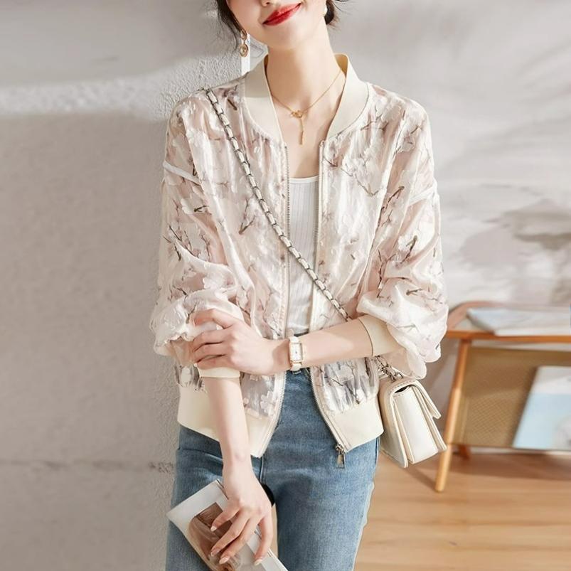 Жаккардовый Шифоновый Солнцезащитный Одежда Женская Летняя Универсальная Западный Стиль Тонкая Длиннорукавная Маленькая Куртка Куртка M бежевый