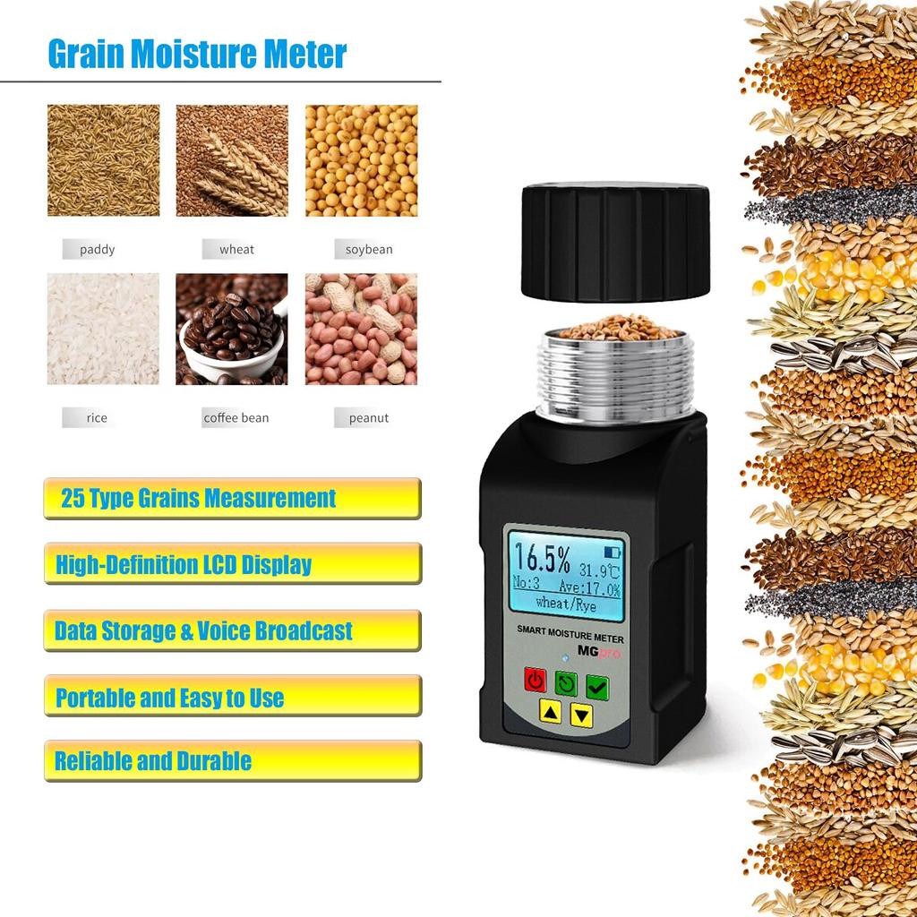 HOLDPEAK 5-in-1 Portable Grain Moisture Meter, 25 Grains,Smart Humidity Tester for Wheat Bean Peanut Moisture Detector, MG-Pro