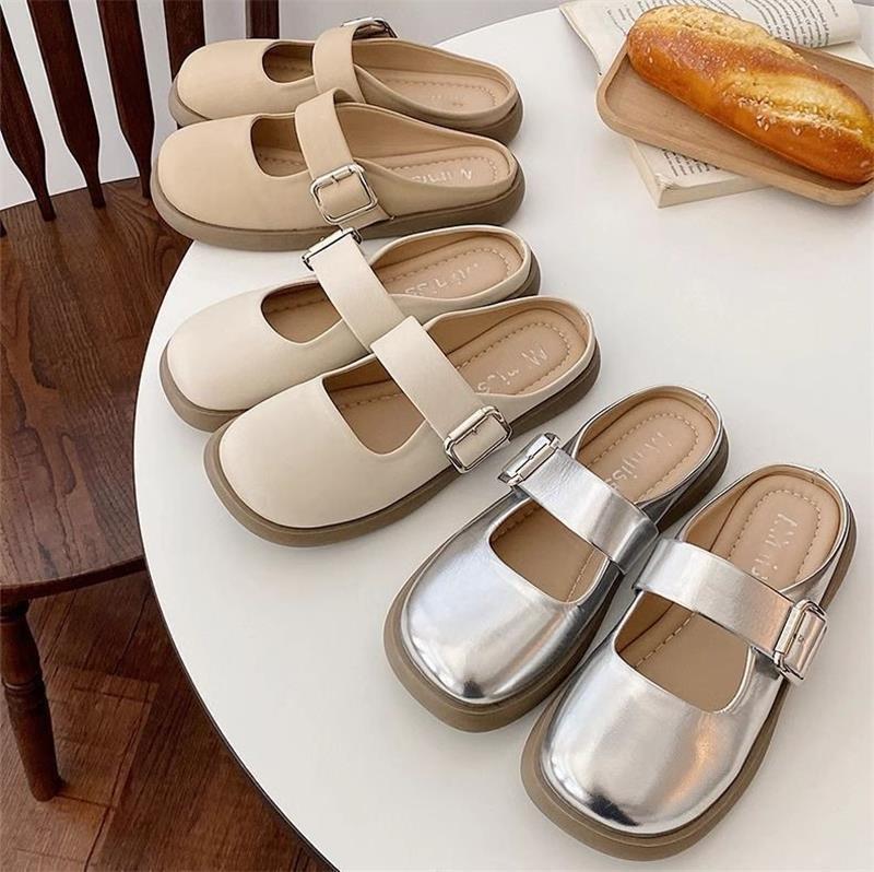Flat-bottomed Bag Head Lazy Half Slippers Women's Summer Wear 2025 New Fashionable Versatile Mary Jane Cool Slippers