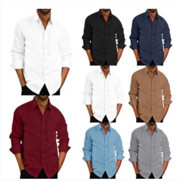 New Bestseller Men's Linen Shirt - Turn-Down Collar, Solid Color, Long Sleeve, Button-Up.