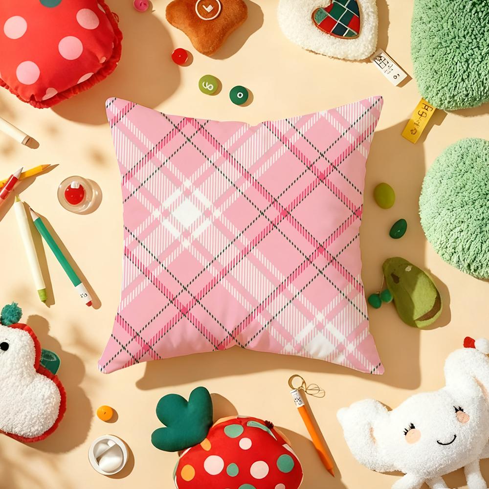 Classic Pink Plaid Cushion Cover Soft Short Plush DoubleSided Printing Home Decor Machine Washable Pillow Case Gift