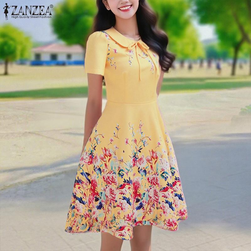 ZANZEA Women Summer Doll Collar Casual Short Sleeve Print Dress