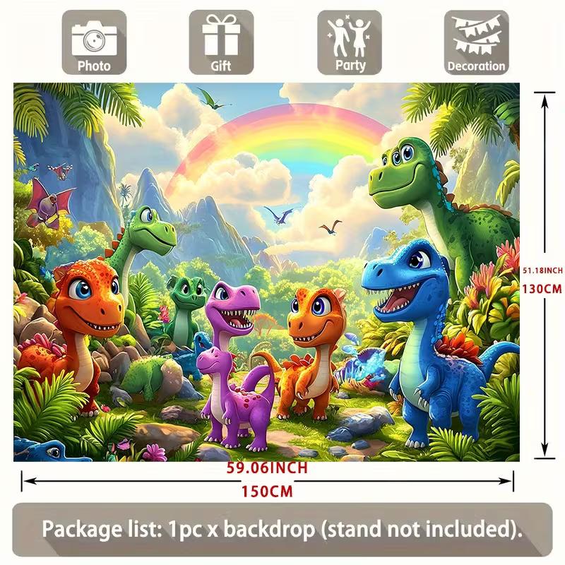 Polyester Cartoon Dinosaur Backdrop, Rainbow Jungle Kids Party Background Banner for Birthday & Baby Shower