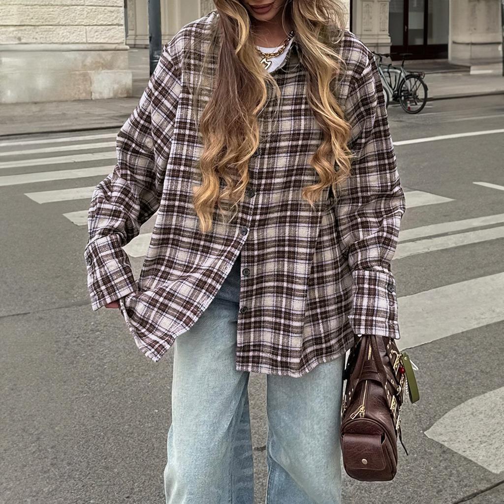 Casual Resort Button-Down Plaid Shirt Top Women 2025 Autumn Winter