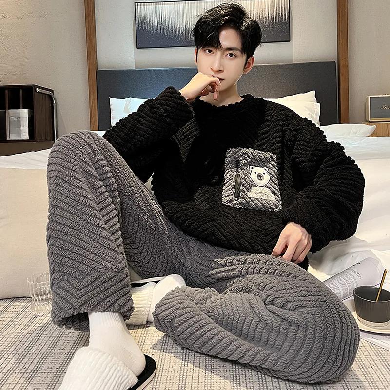 Higher Quality Thickened Warm Flannel Plus Size Men Pajamas Winter Nightwear Loungewear Striped Sleepwear Homewear Cartoon Bear