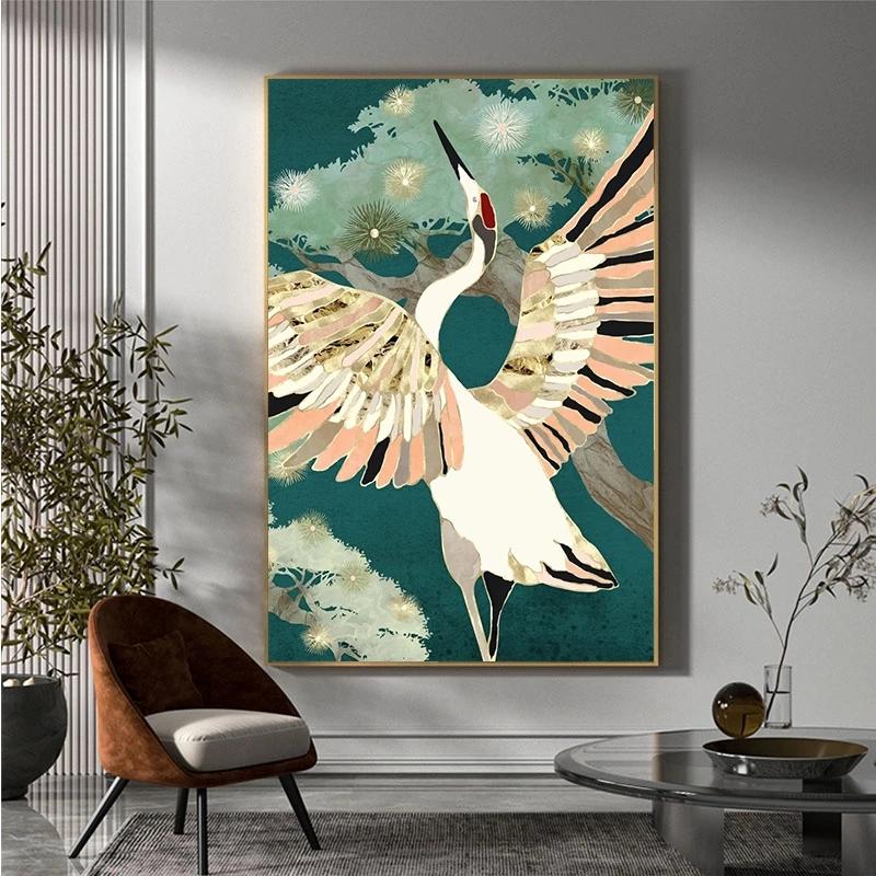 Retro Chinese Style Gold Flying Crane Abstract Sun Animal Canvas Painting Birds Posters Prints Wall Painting for the Living Room