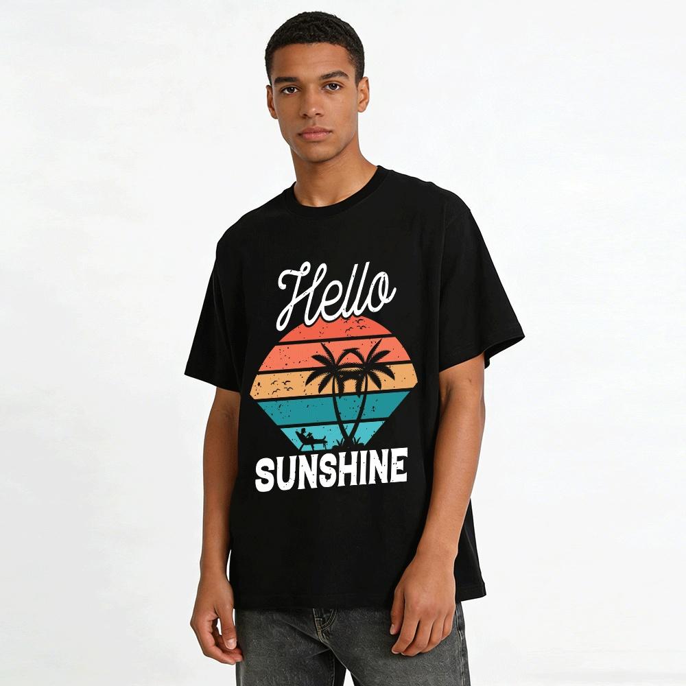 Vintage Coconut Tree Sunset Vacation Print Casual Short Sleeve T-Shirt Pure cotton T-shirt