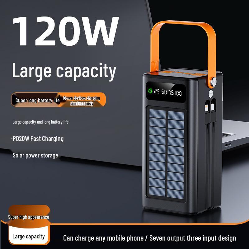Large-Capacity 120W Solar Power Bank with 100,000mAh and Built-in Fast Charging Cable for Outdoor Use
