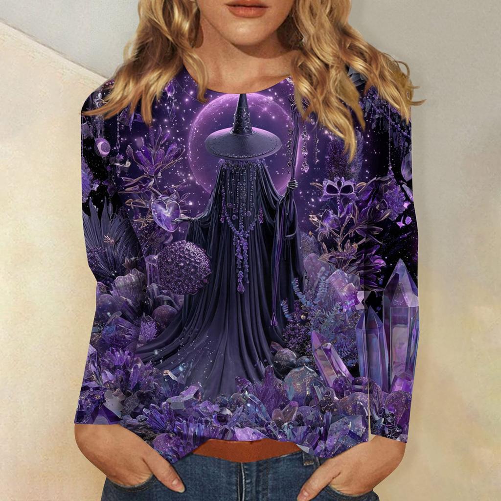 Women's Long-sleeved Loose-necked Halloween Print Casual Top , Suitable for Holiday Parties