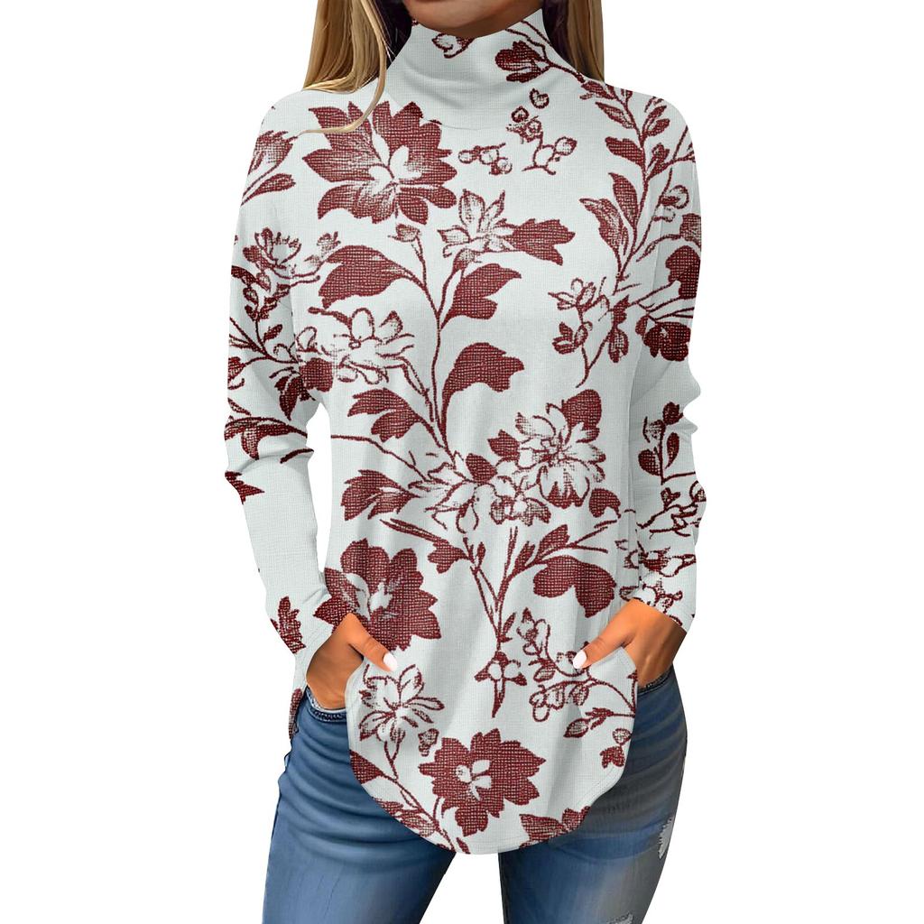 Koszulki damskie, jesienne, codzienne koszule z długim rękawem Bluza z nadrukiem w stylu vintage, sweter z wysokim dekoltem