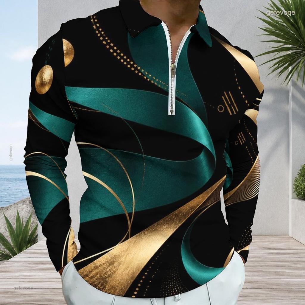 Men Plus Size Long Sleeve Quarter Zip Collared Printed Polo Shirt Grey Peach