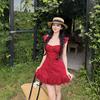 Wine Stained Roses, Small Flying Sleeves, Red Suspender Dress, Women's Summer Romantic Vacation Style Temperament Short Skirt