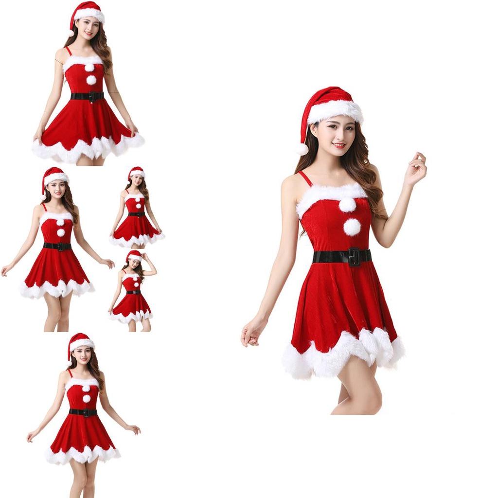 Red Velvet Women Christmas Costume With Soft Touch Santa Claus Dress And Hat
