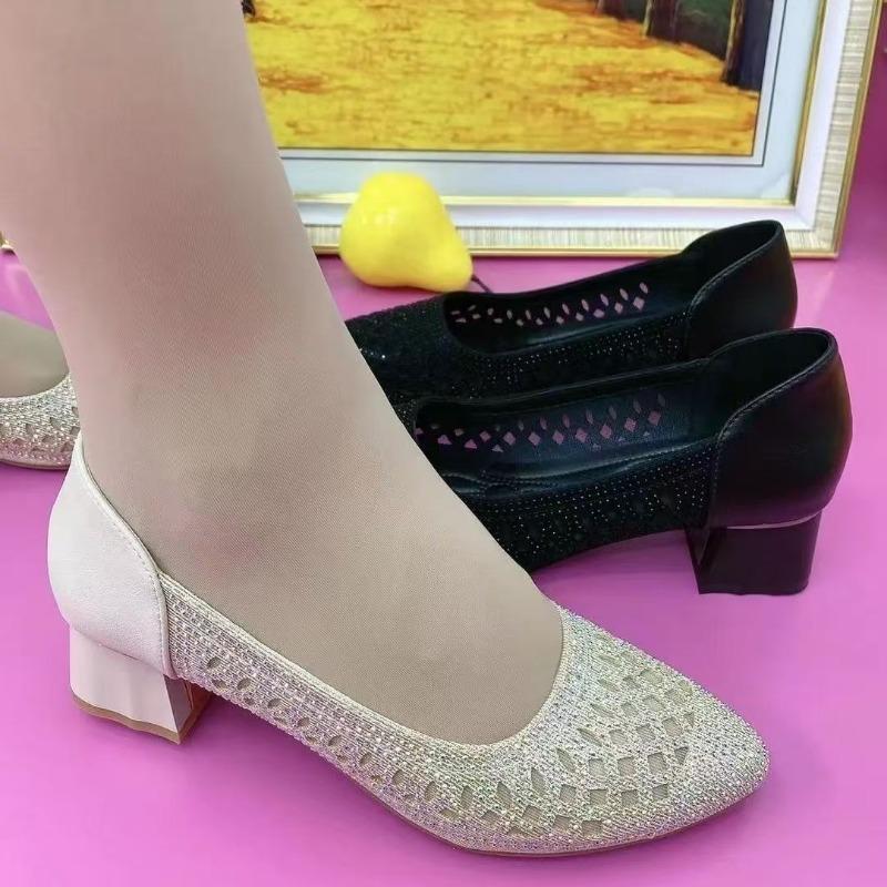 Shoes summer hollow mesh sandals women's new soft-soled non-slip shallow mouth rhinestone comfortable breathable sandals
