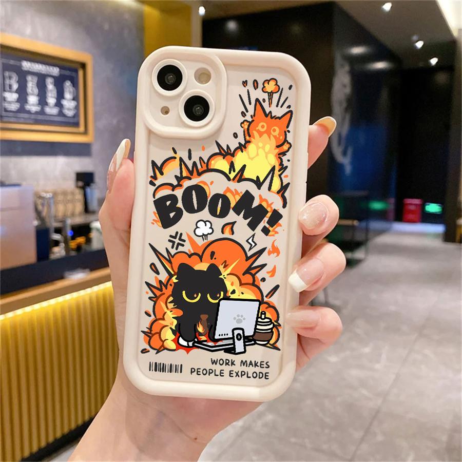 

Case for Apple iPhone 11 15 Pro Max 14 Plus 13 12 16 Shockproof Shell Silicone Funda Phone Cover Cartoon Black Cat Explosion iPhone 16 Pro