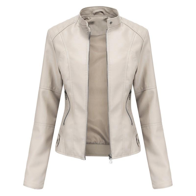 Womens Slim Fit PU Leather Jacket Stand Collar Biker Style Lightweight Coat