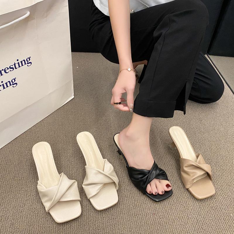 Mules Talon Bas Style Français pour Femmes, Sandales à Enfiler à Talon Bas Stiletto à Une Bride, Sandales Élégantes pour Fête en Plein Air