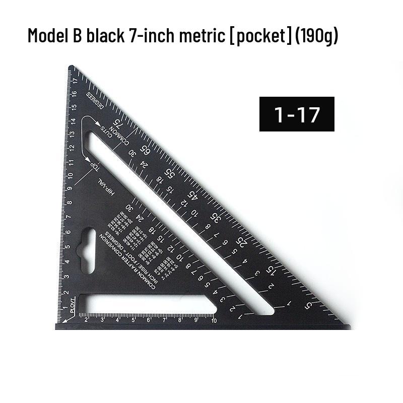 7/12" Aluminum Triangle Ruler: Woodworking, Imperial/Metric, Black Oxide, 90°/45° Right Angles.