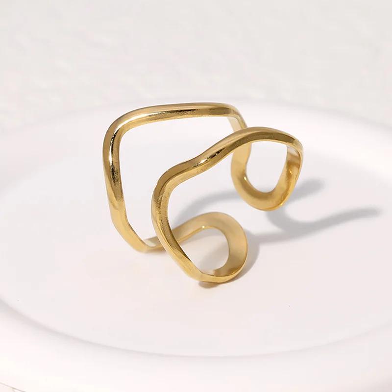 Vintage Stainless Steel Geometric Wave Rings for Women Gold Color Adjustable Rock Ring Aesthetic Wedding Trend Jewelry Gift