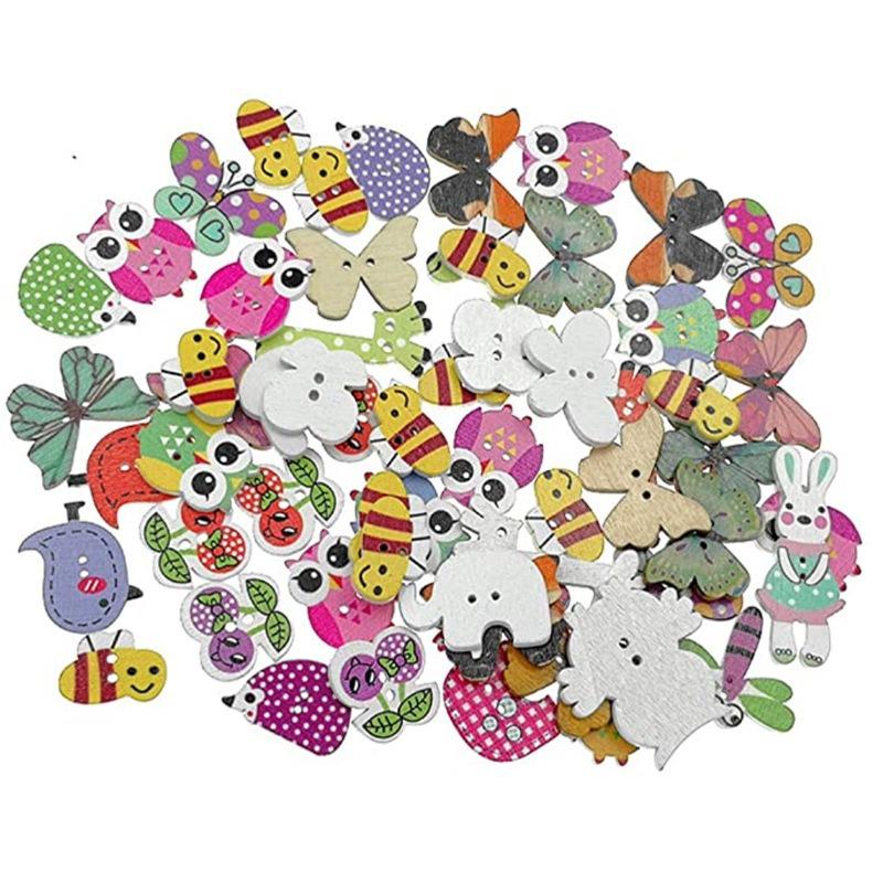 50PCS Wooden Buttons Natural Wood 2-Holed Fastener Buttons for Sewing Knitting Handcraft  Cartoon Animals Printing Patterns