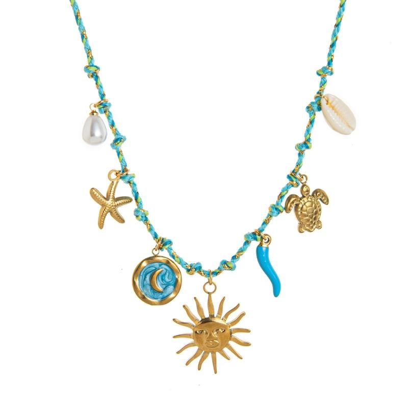 

Adjustable Knot Rope Chain Necklace With Shell Starfish/Sun Moon/Sea Horse Pendant For Vacation Jewelry Accessories