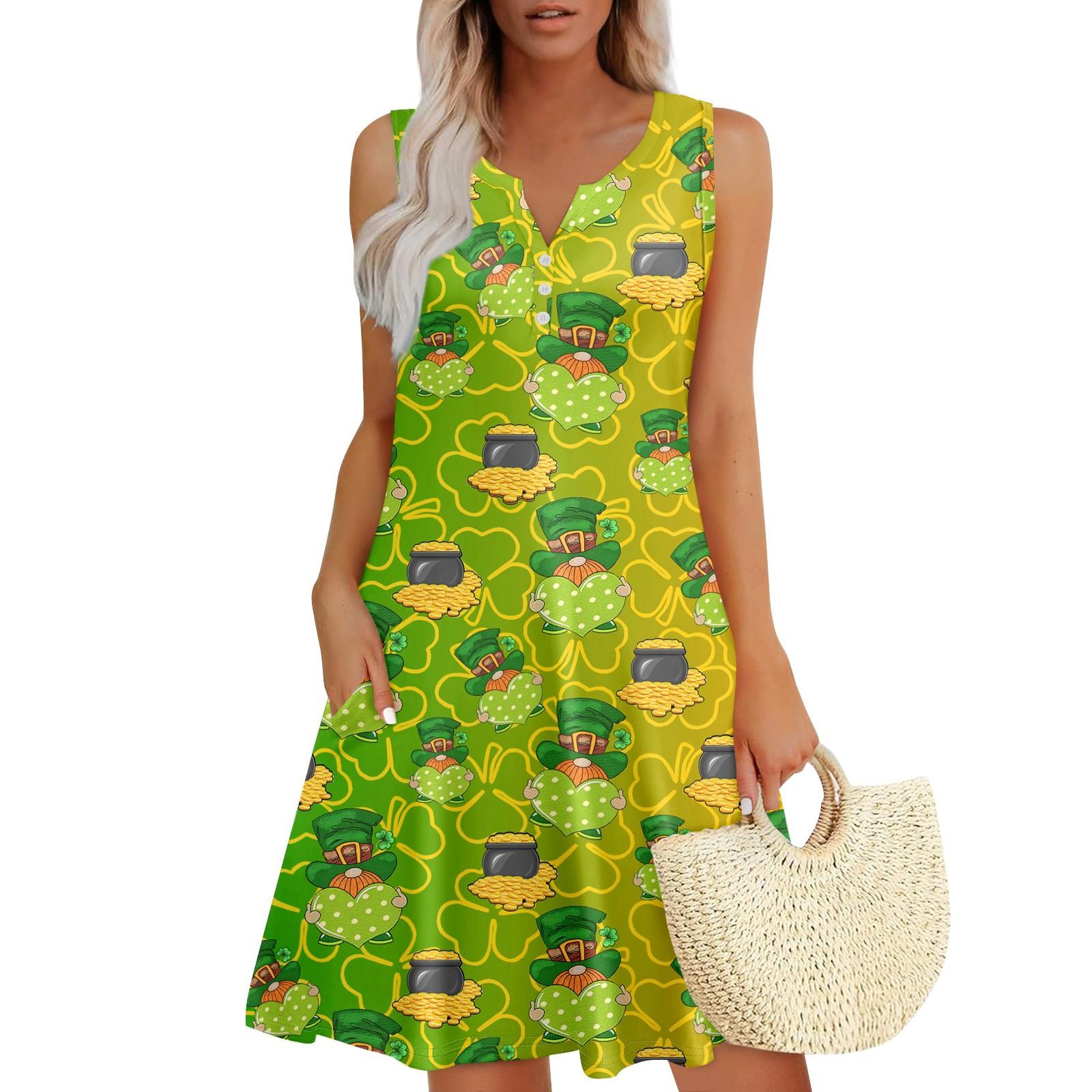 

Женские летние платья Свободные сарафаны без рукавов с V-образным вырезом Платье с карманами M