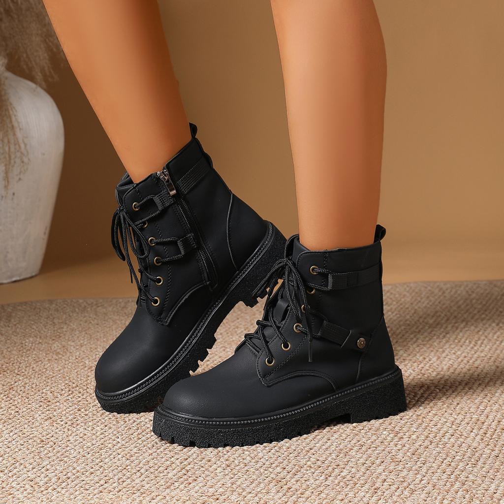 Fashion Fashion Metal Decoration Hiking Boots Women Autumn Round Toe Thick Bottom Side Zip Ankle Boots Comfort Non Slip Outdoor Shoes