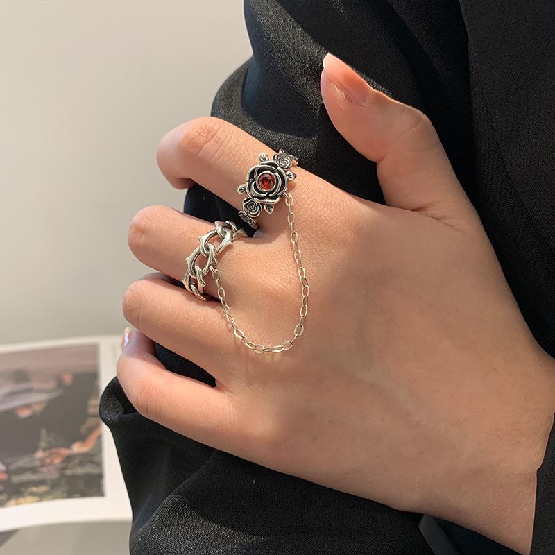 New Korean Thorn Rose Double Finger Ring Ladies Vintage Silver Color Fashion Chain Flower Opening Ring Wedding Party Gifts