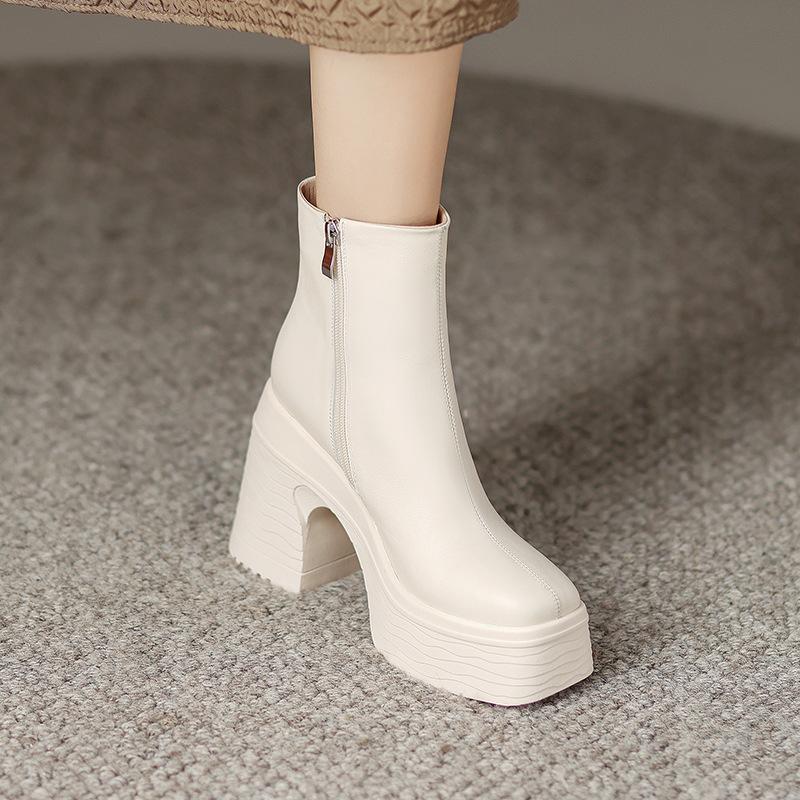 High-heeled thick-soled leather Martin boots 2025 new British style simple and versatile square head waterproof table thick-heeled short boots women