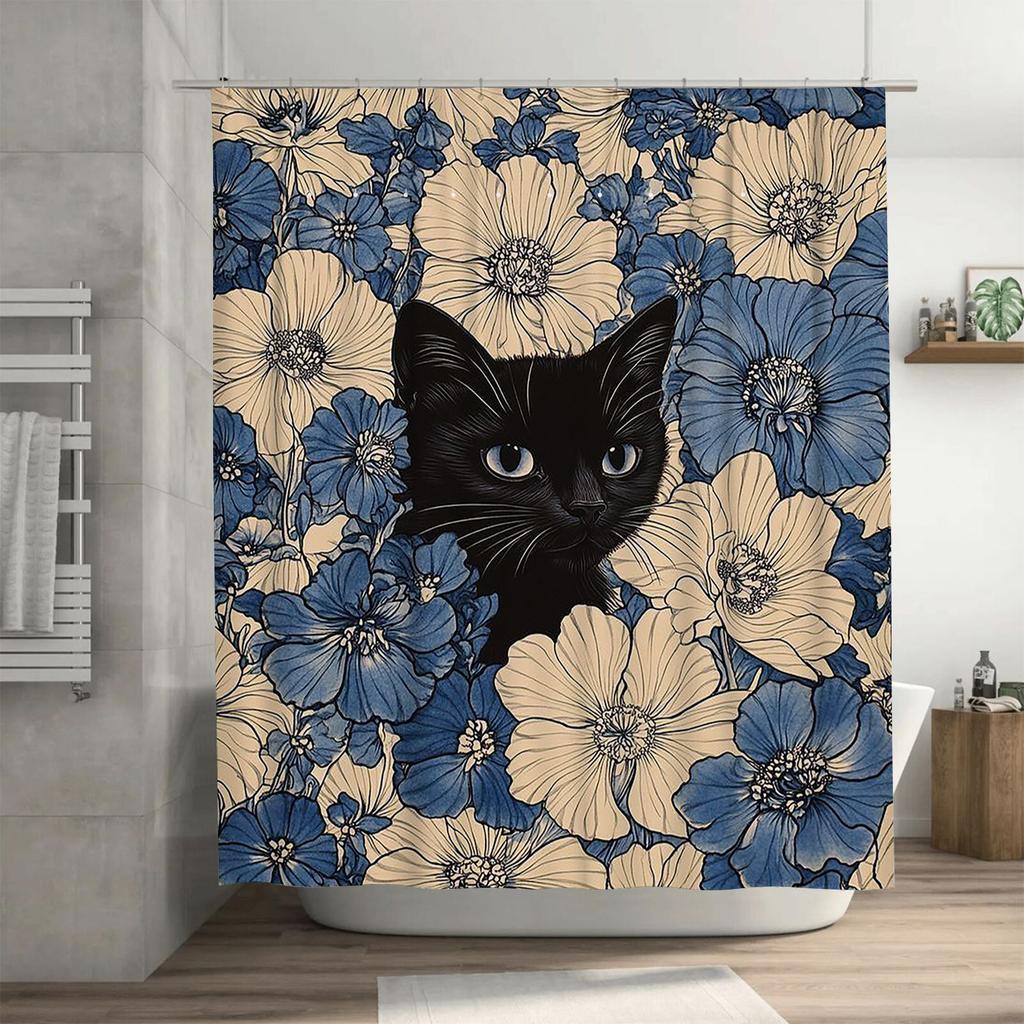 Black Cat in Floral Pattern Waterproof Shower Curtain Heat Resistant Machine Washable Non-Transparent 180x180cm