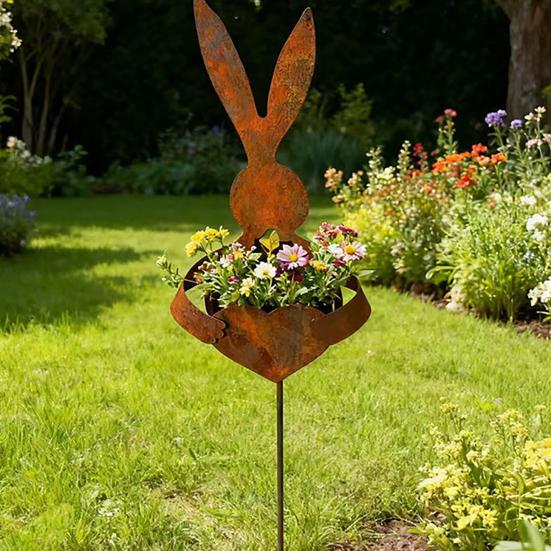 1/2Pcs Easter Bunny Planter Decoration Outdoor Patio Pathway Rusty Yard Lawn Garden Stake Metal Rabbit Flowerpot