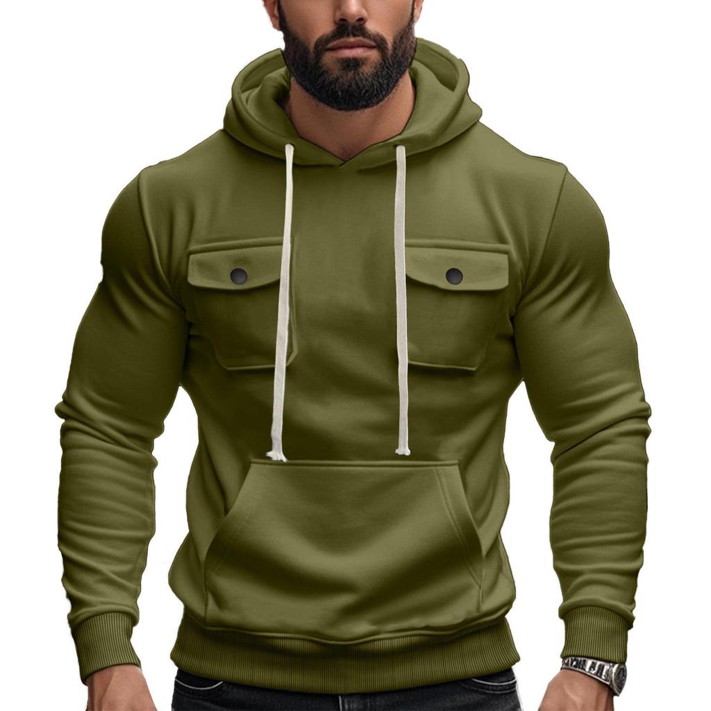 Men's American Style Heavyweight Plus Velvet Hooded Outdoor Workwear Sweatshirt - Multi-Pocket, Long Sleeve, Autumn/Winter Warmth