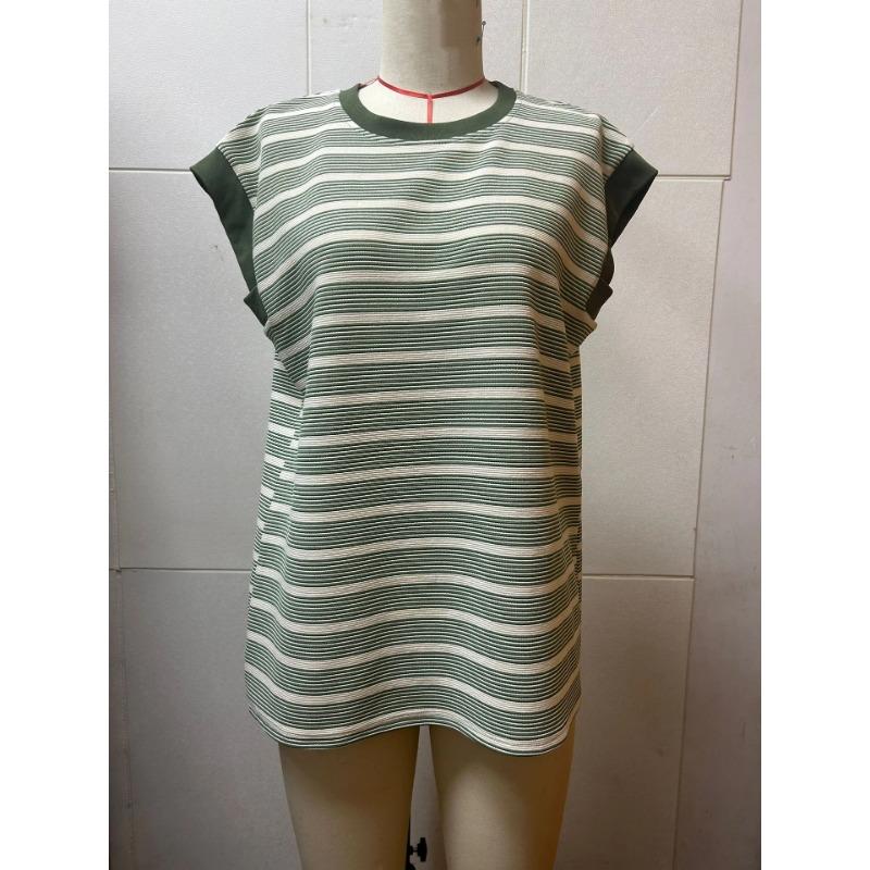 Summer Women's New Round Neck Striped Knitted T-shirt Fashionable Loose and Versatile Contrasting Color Top