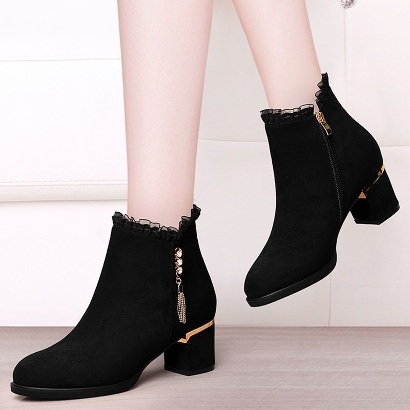 Fleece-Lined Booties Black Autumn Winter Female Short Shoes Elegant with Medium Heels Women's Ankle Boots Rhinestone Boot Sale