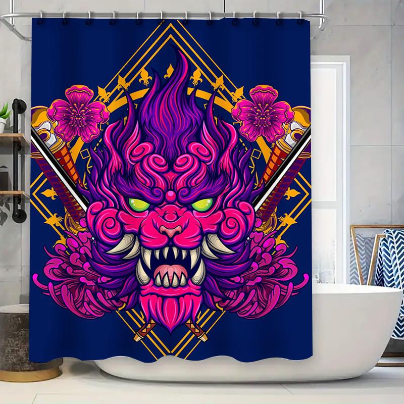 Tuniu Dragon Warrior Shower Curtain Fierce Japanese Demon Art Red White Floral Wall Decor Bathroom Decor