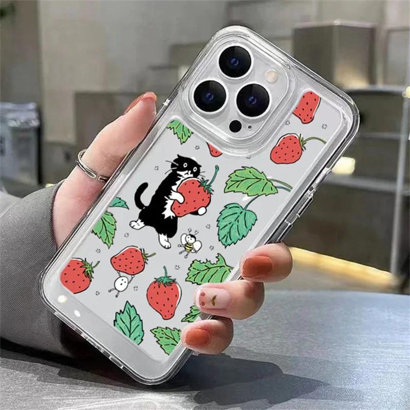 Strawberry & Cat Pattern Soft Phone Case For iPhone 11 12 13 14 Pro Max 15 Pro Max X XR XS Max 7 8 16 Plus 16Pro Soft TPU Cover